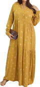 Robe longue ample a motifs plumes - Couleur jaune moutarde