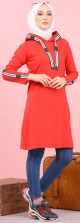 Sweatshirt long avec capuche style moderne decontracte et sport (Vetement voyage femme musulmane) - Couleur Rouge