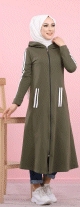Cardigan long a capuche style decontracte et sportswear - Robe zippee pour femme voilee - Couleur Kaki