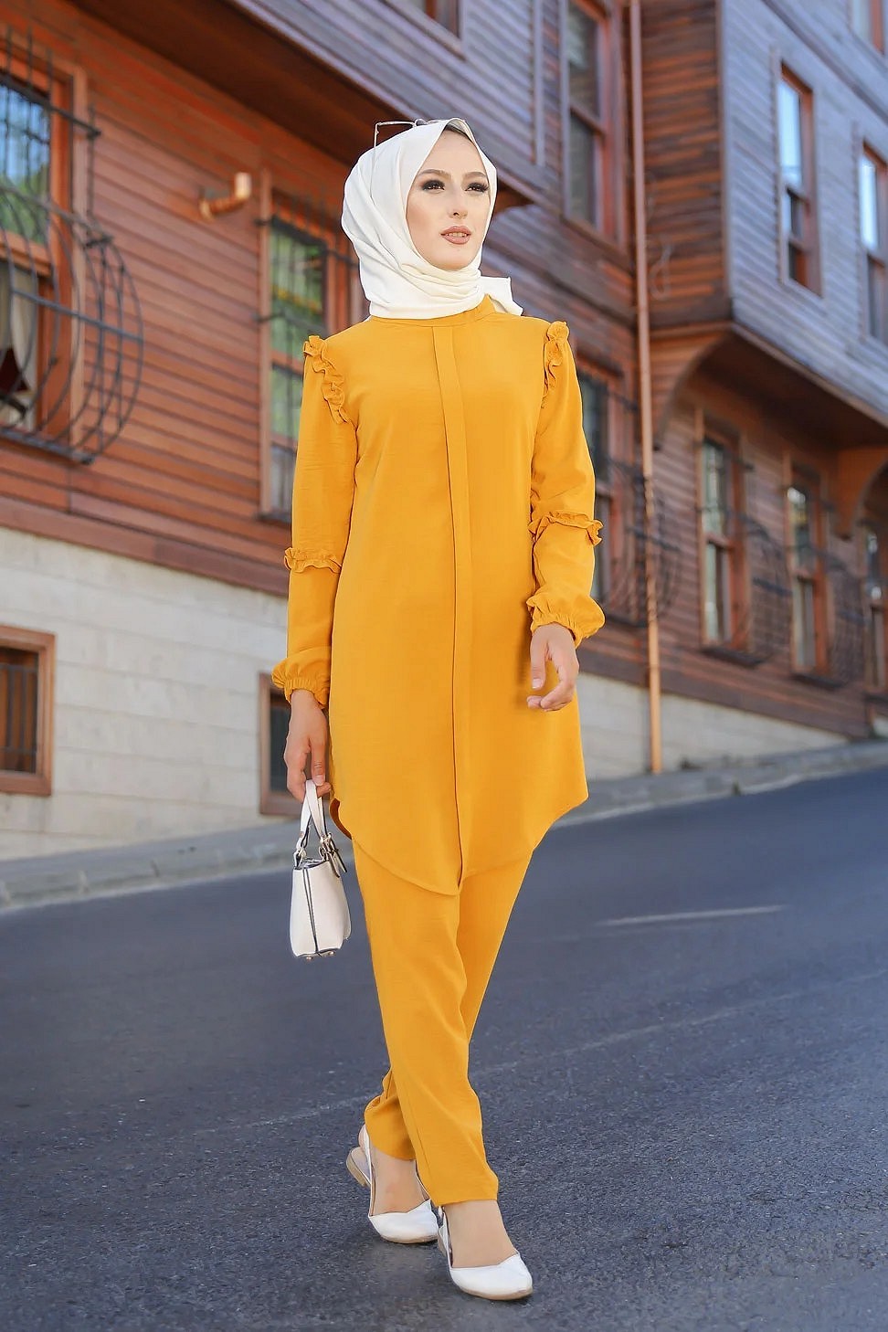 Ensemble femme deux pièces tunique et pantalon (Vetement de ville Hijab  mastour) - Jaune moutarde - Prêt à porter et accessoires sur