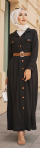 Robe longue casual boutonnee avec sa ceinture (Vetement hijab chic pour femme) - Couleur Noir