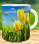 Mug avec photo herbe et tulipes jaune - Tasse cadeau avec un message texte personnalise